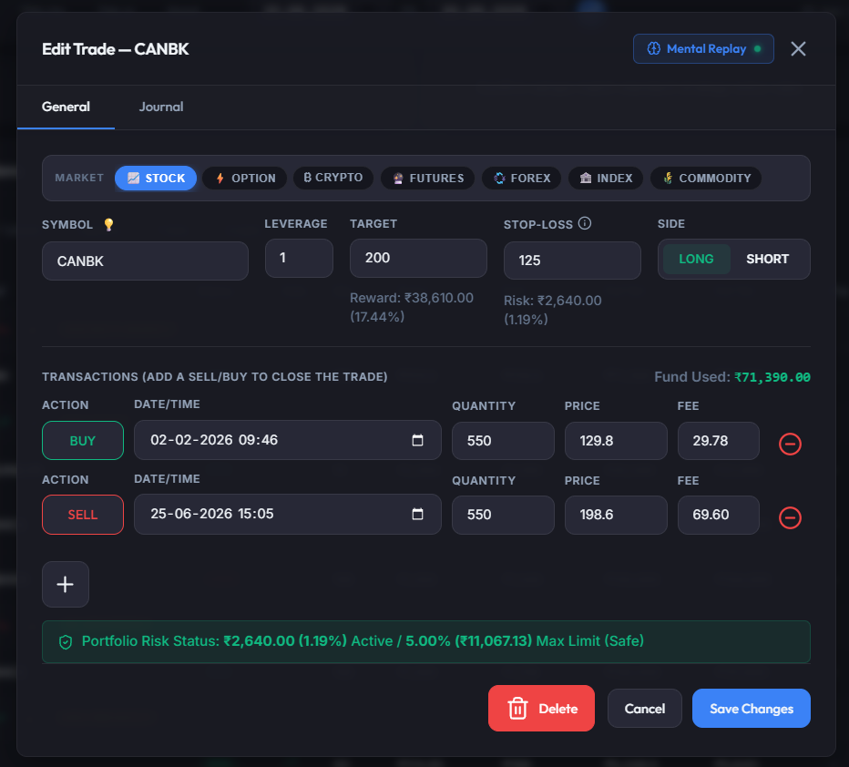 MyFinanceSheet Edit Trade Parameters